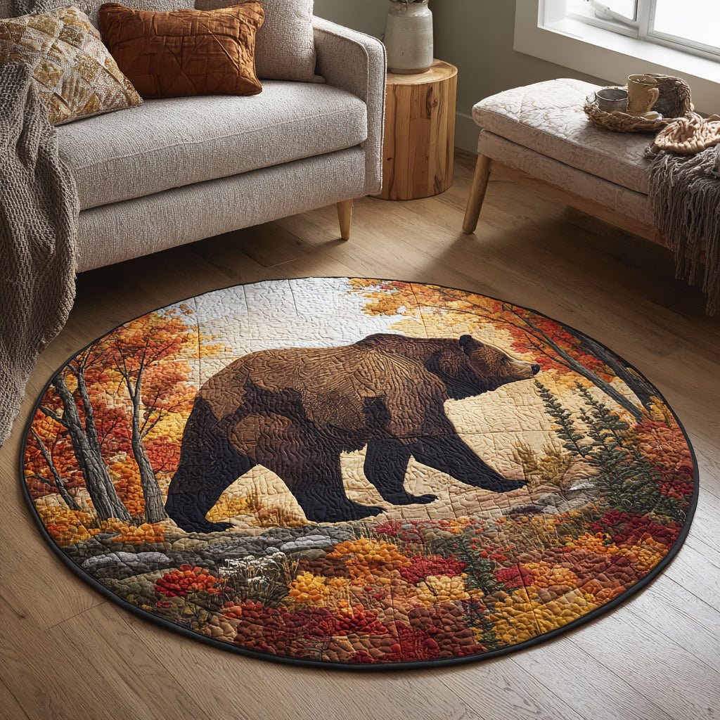 Bear Autumn Woods Round Mat Rug - washable non-slip printed rug