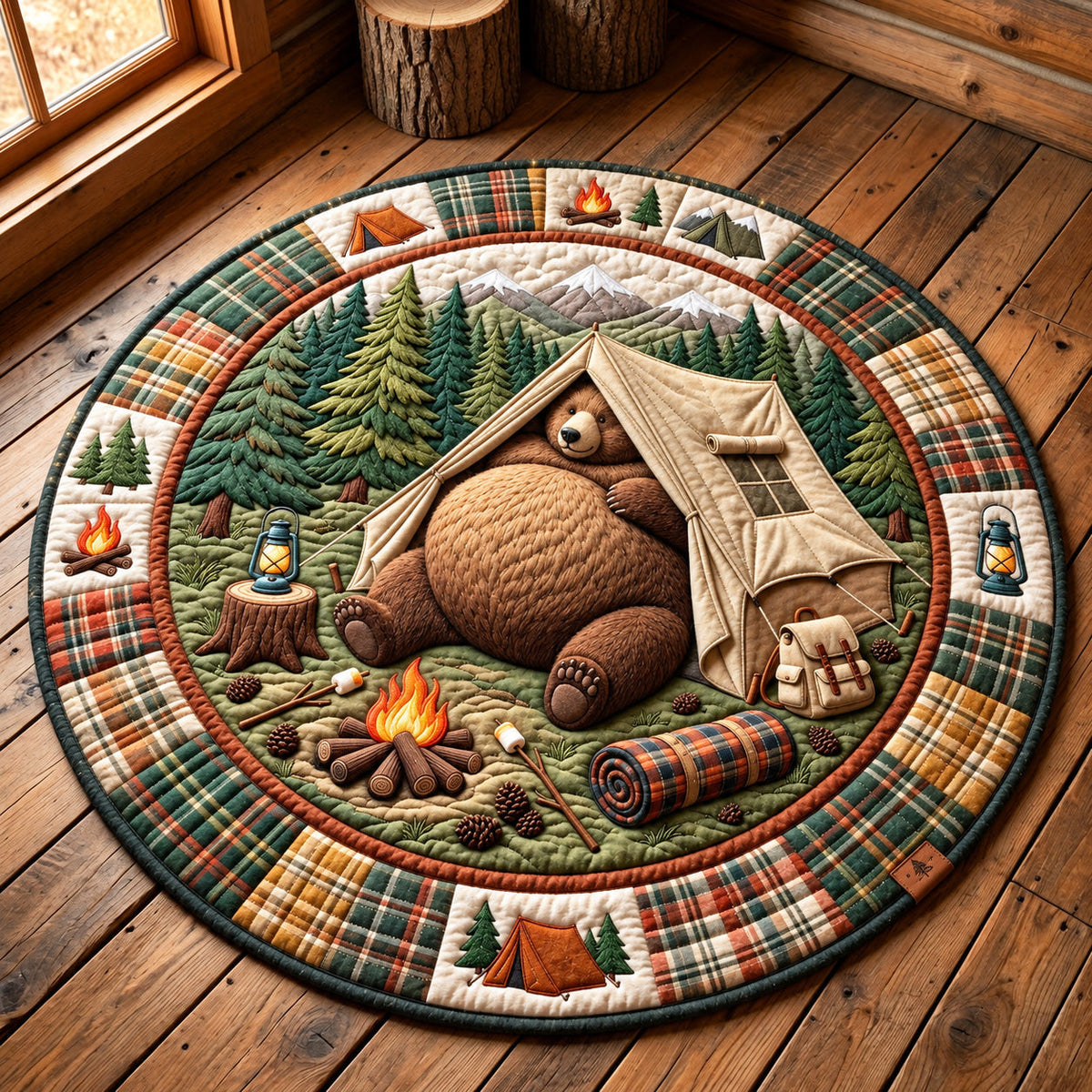 Bear Cabin Round Mat Rug - Cute Animal Design | Charming Home Decor - washable non-slip printed rug