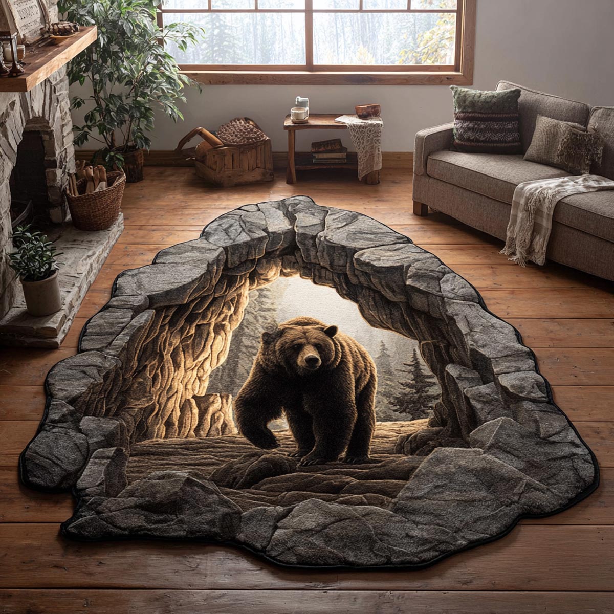 Bear Cave Custom Shape Area Rug - Cute Animal Design | Die-Cut Non-Slip Rug - washable non-slip printed rug