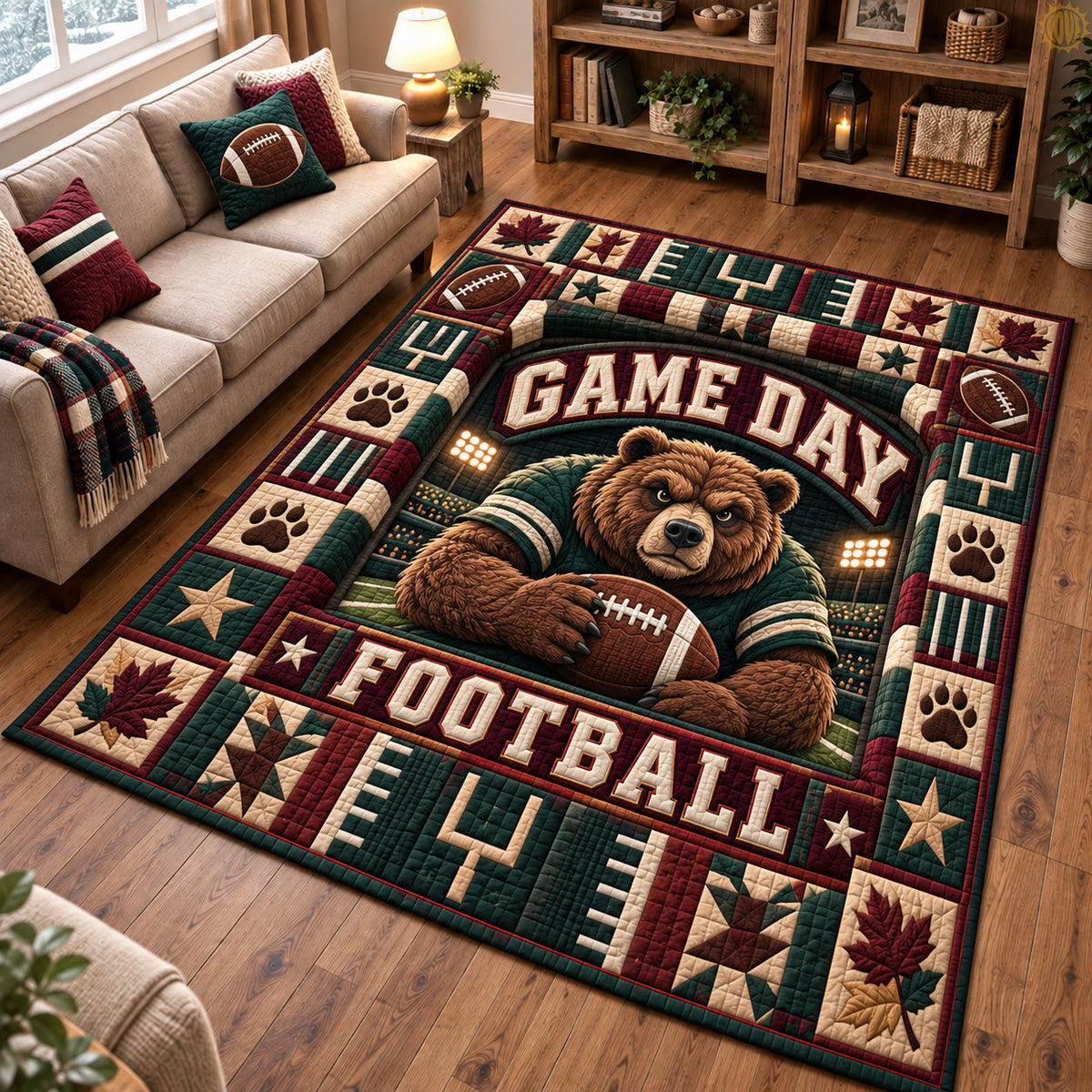 Bear Game Day area rug in a living room