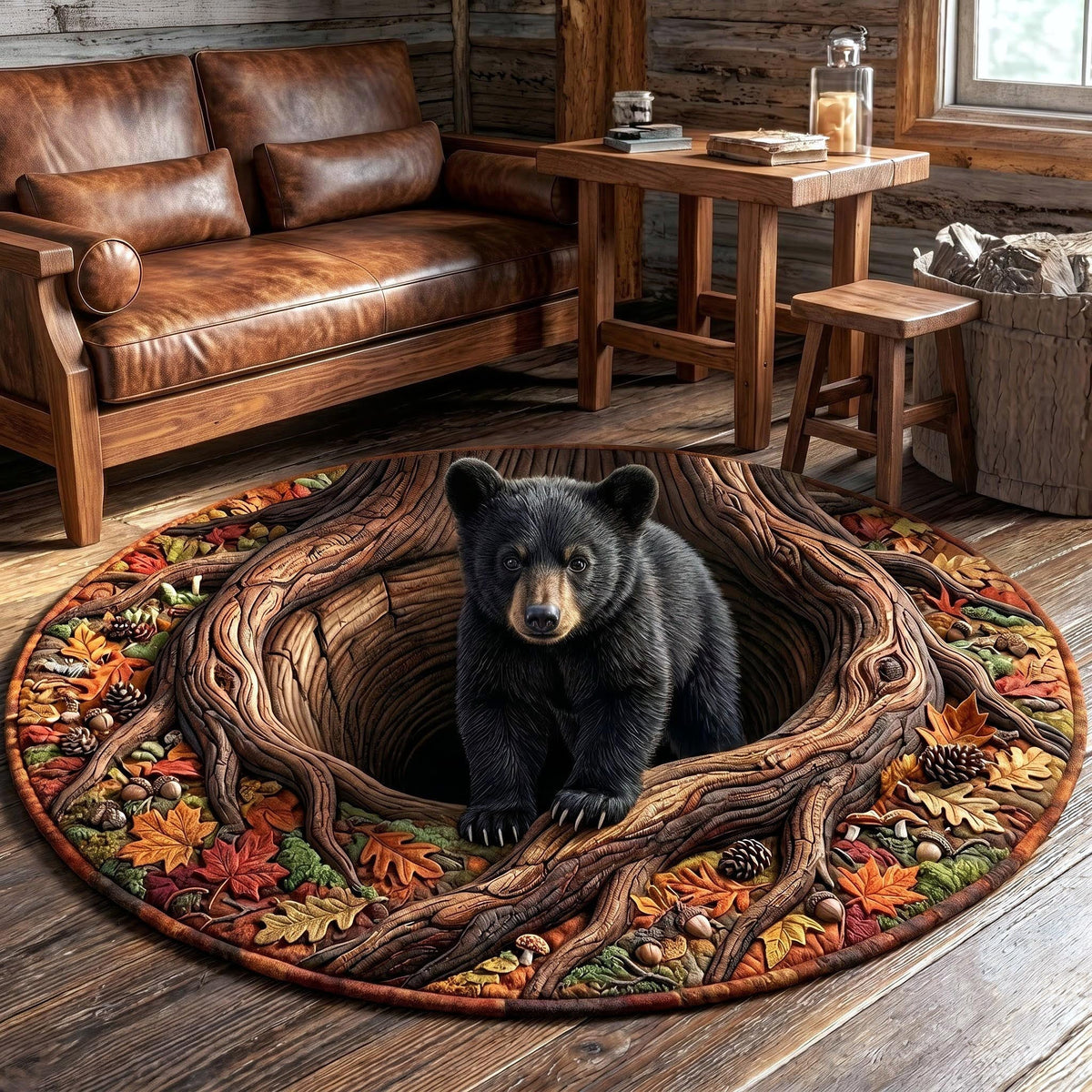 Bear Hollow Round Mat Rug - Cute Animal Design | Charming Home Decor - washable non-slip printed rug