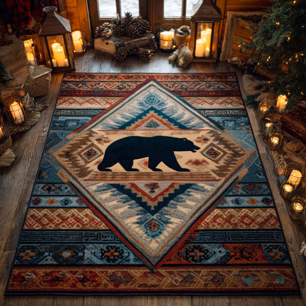 Bear Ridge Emblem area rug in a living room