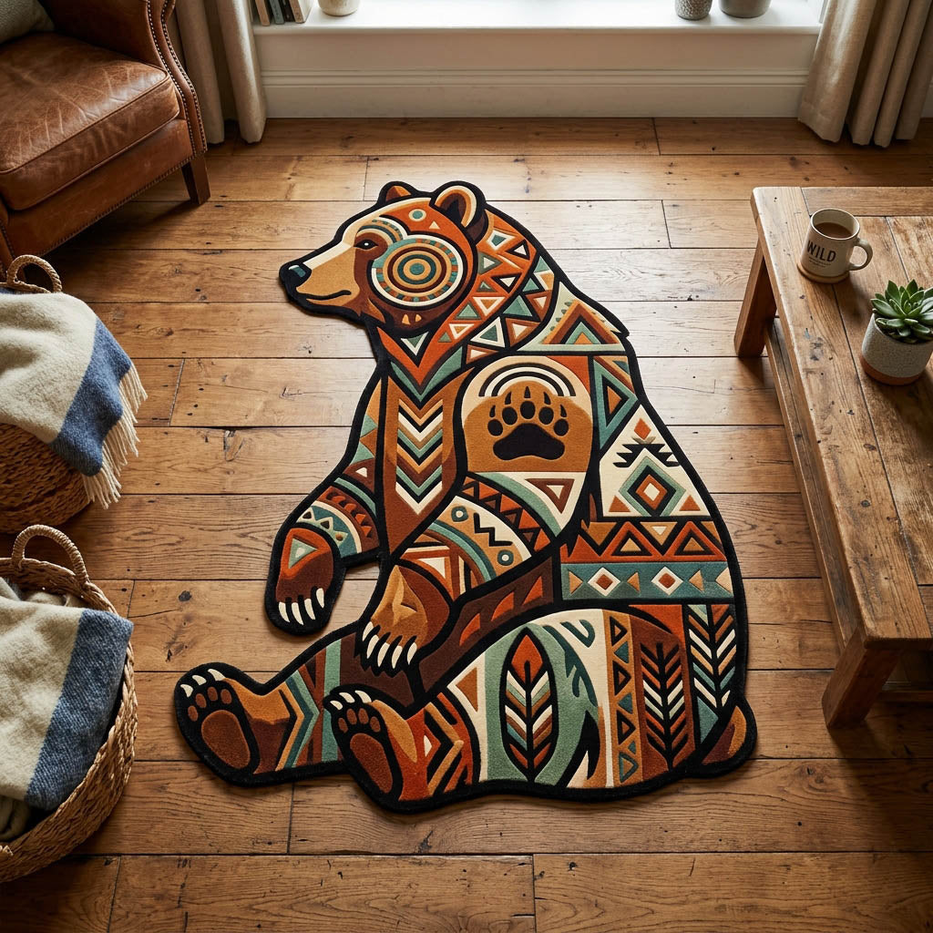 Bear Spirit Custom Shape Area Rug - Cute Animal Design | Die-Cut Non-Slip Rug - washable non-slip printed rug