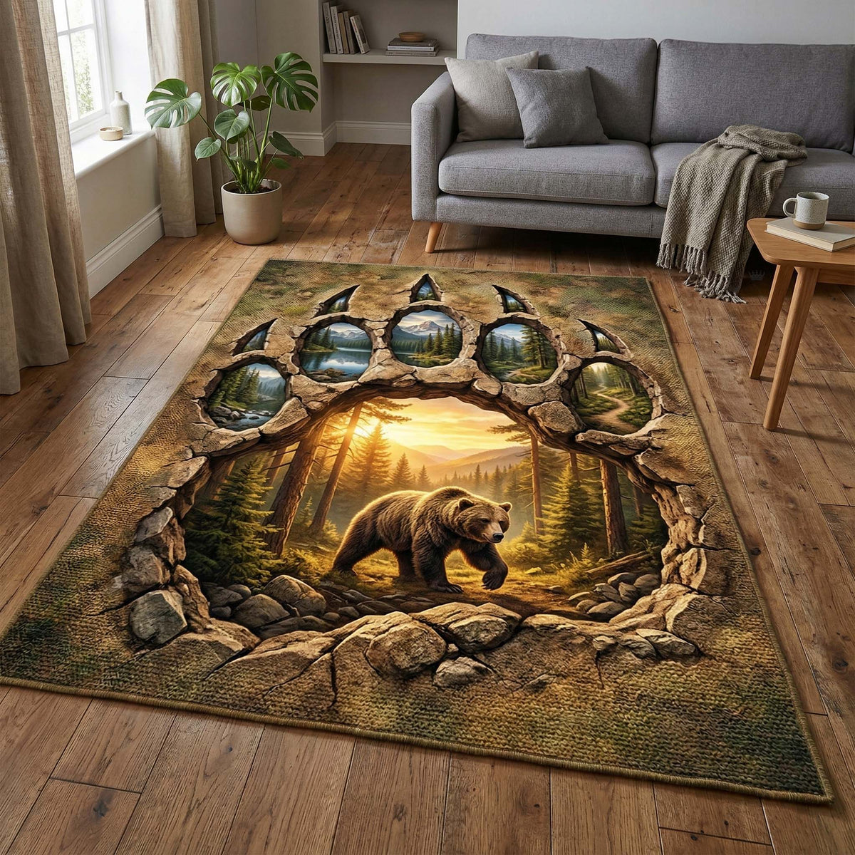 Bear Sunrise area rug in a living room