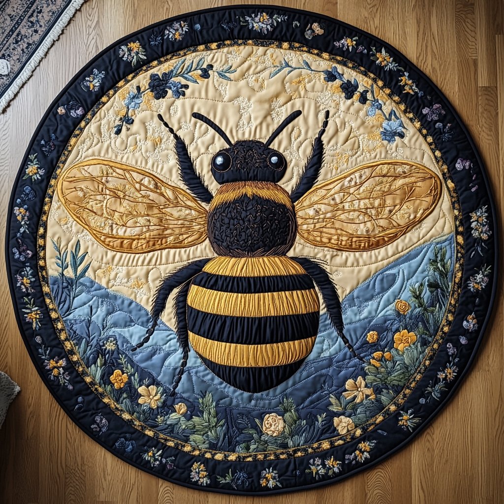Bee Blossom Bliss Round Mat Rug - washable non-slip printed rug