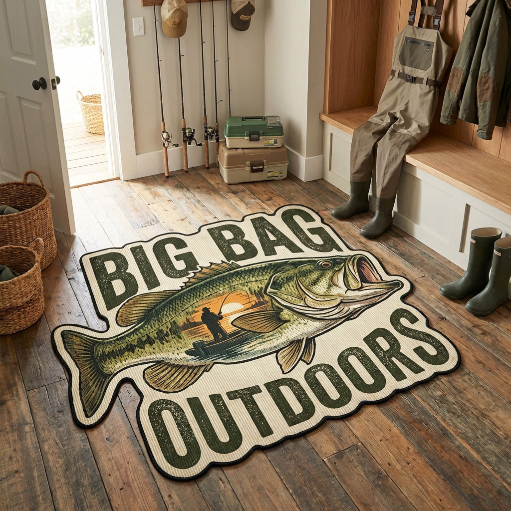 Big Bass Custom Shape Area Rug - Cute Animal Design | Die-Cut Non-Slip Rug - washable non-slip printed rug