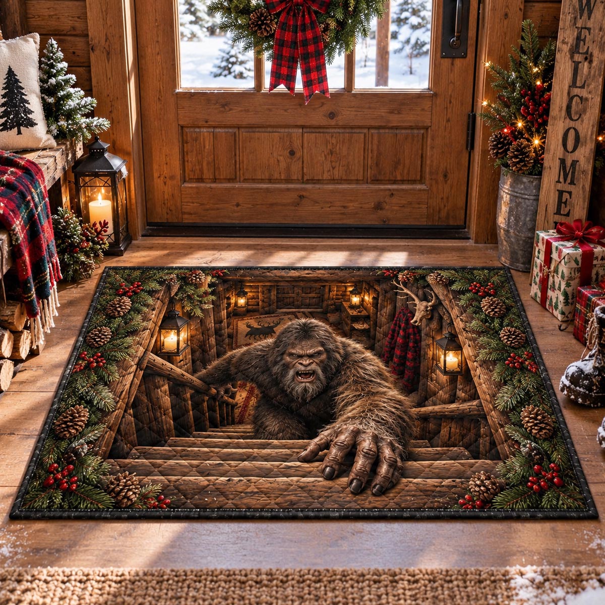 Bigfoot Cabin Steps Doormat - Farmhouse Design | Printed Welcome Doormat - washable non-slip printed rug