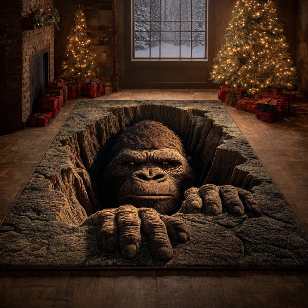 Bigfoot Cave Dweller area rug in a living room