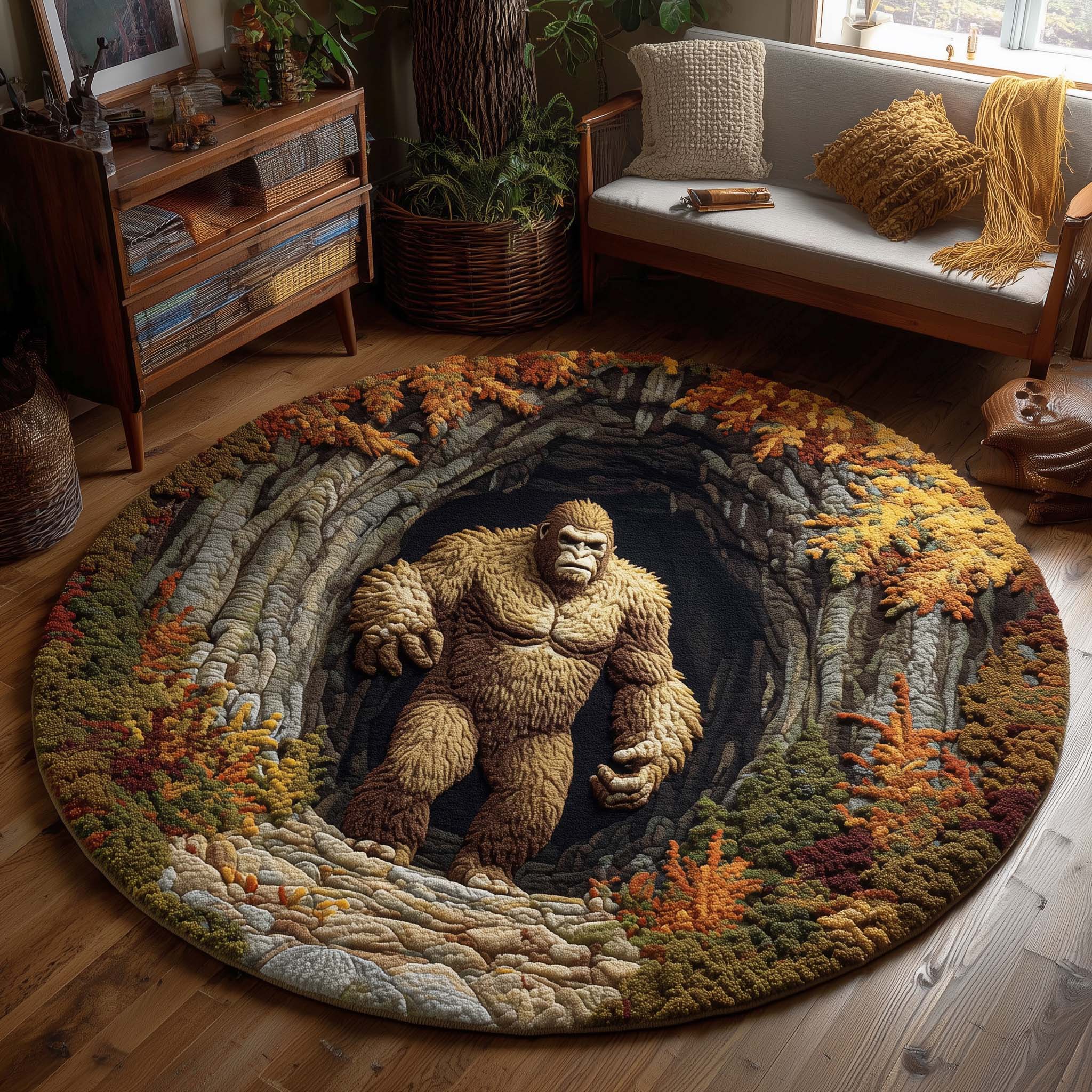 Bigfoot in Autumn Hollow Round Mat Rug