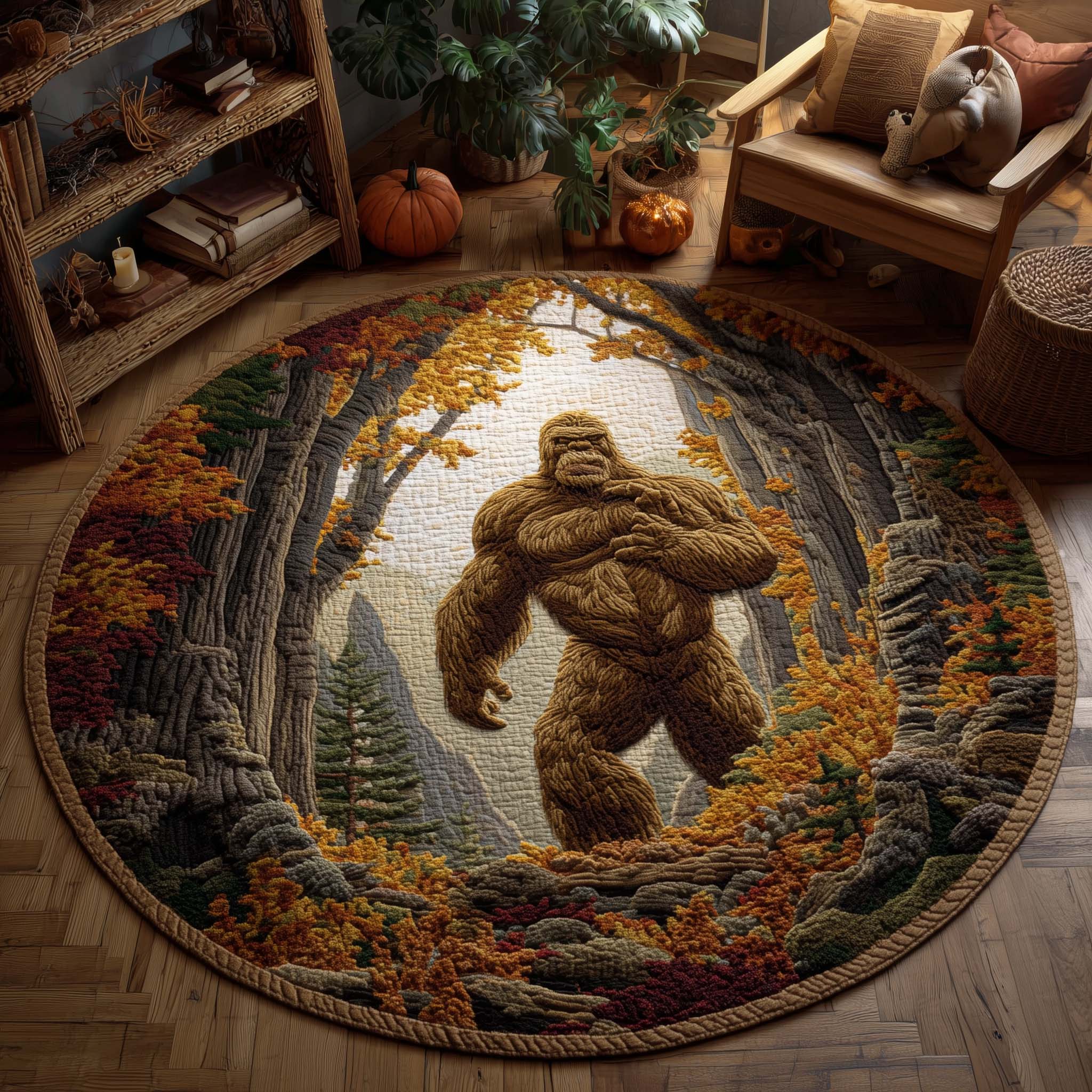 Bigfoot in Autumn Hollow Round Mat Rug GFTOHD11447