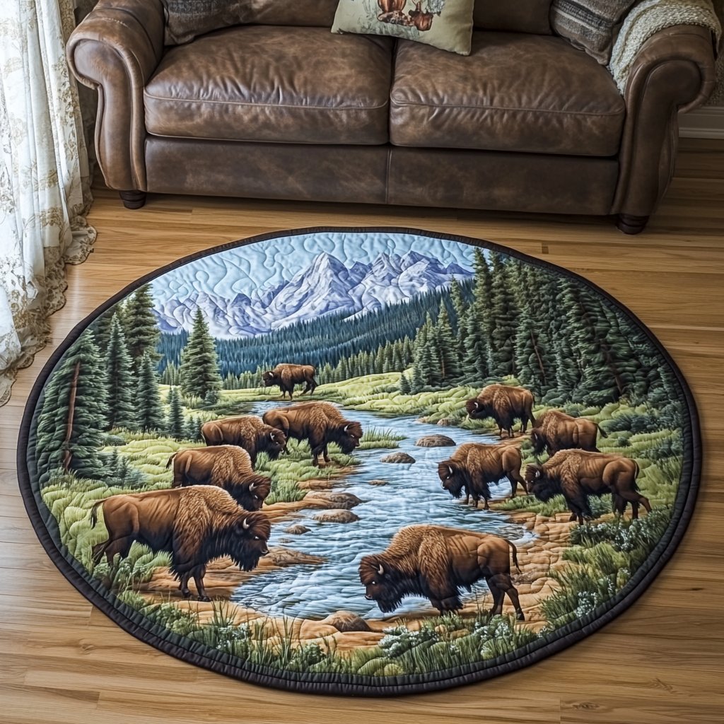 Bison Dream Round Mat Rug - washable non-slip printed rug