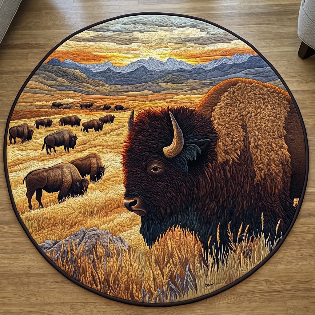 Bison Majesty Round Mat Rug - washable non-slip printed rug