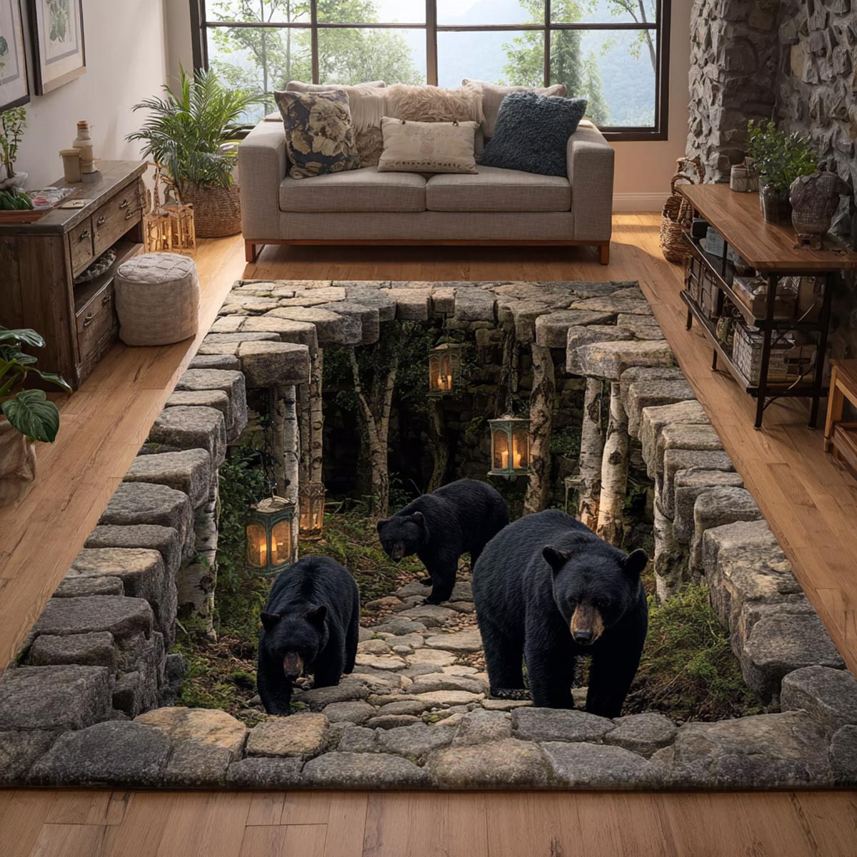Black Bear area rug in a living room