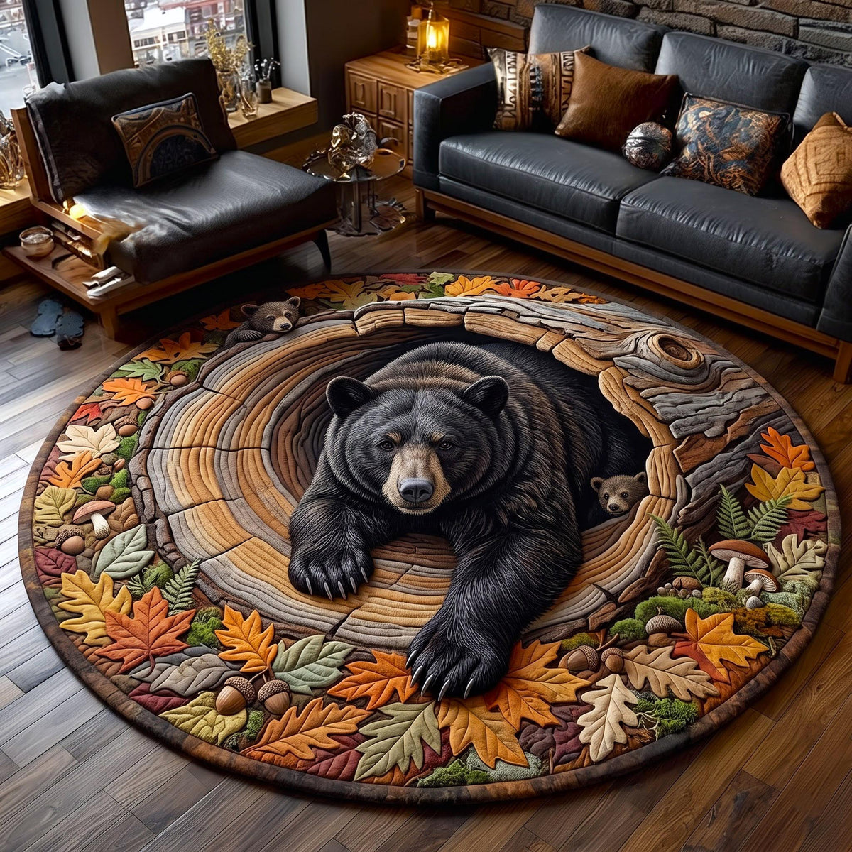 Black Bear Haven Round Mat Rug - Cute Animal Design | Charming Home Decor - washable non-slip printed rug