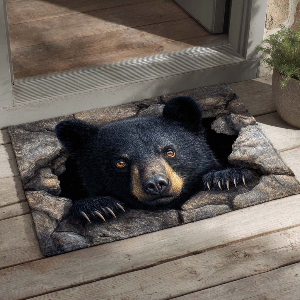 Black Bear Pit Doormat - washable non-slip printed rug