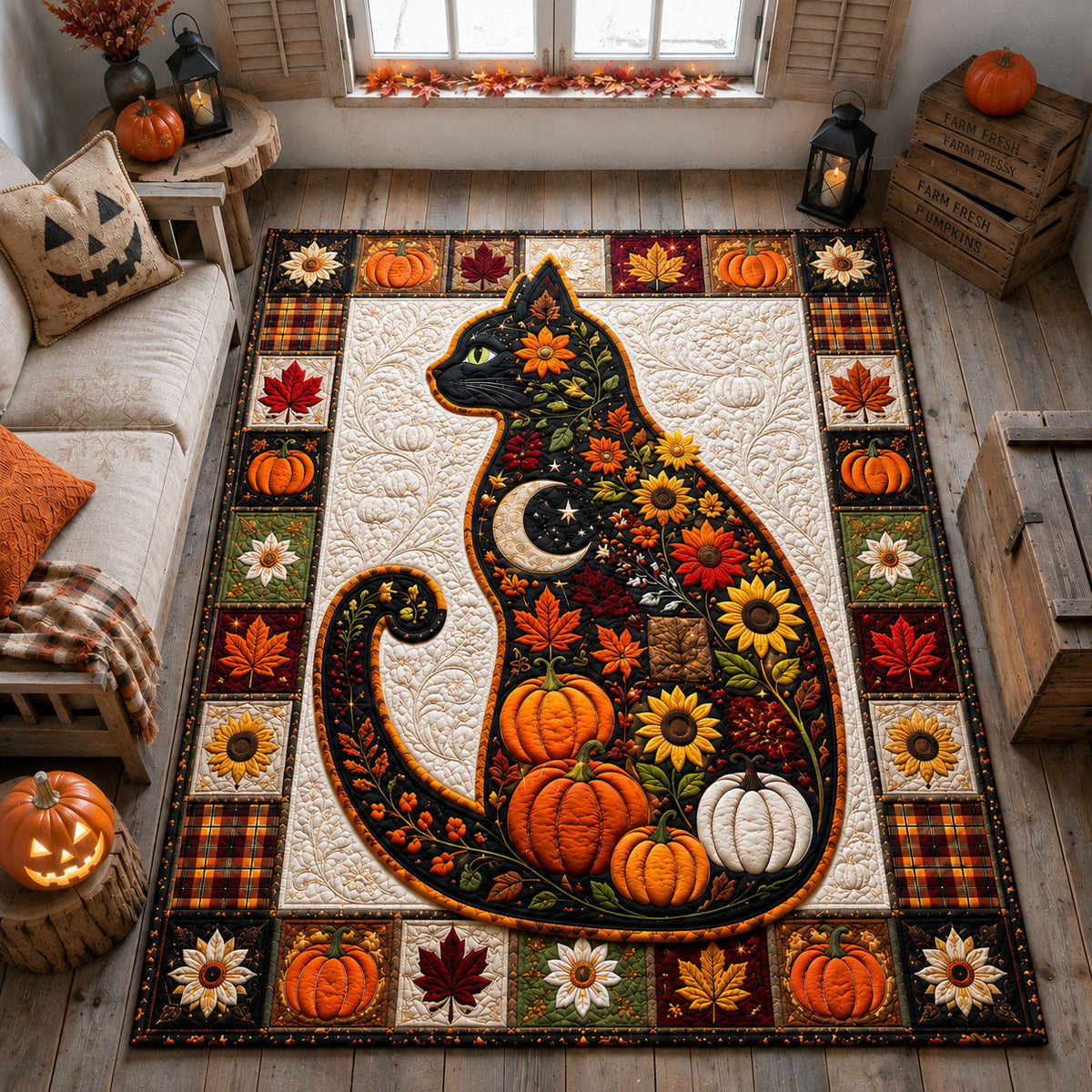 Black Cat Autumn Moon area rug in a living room