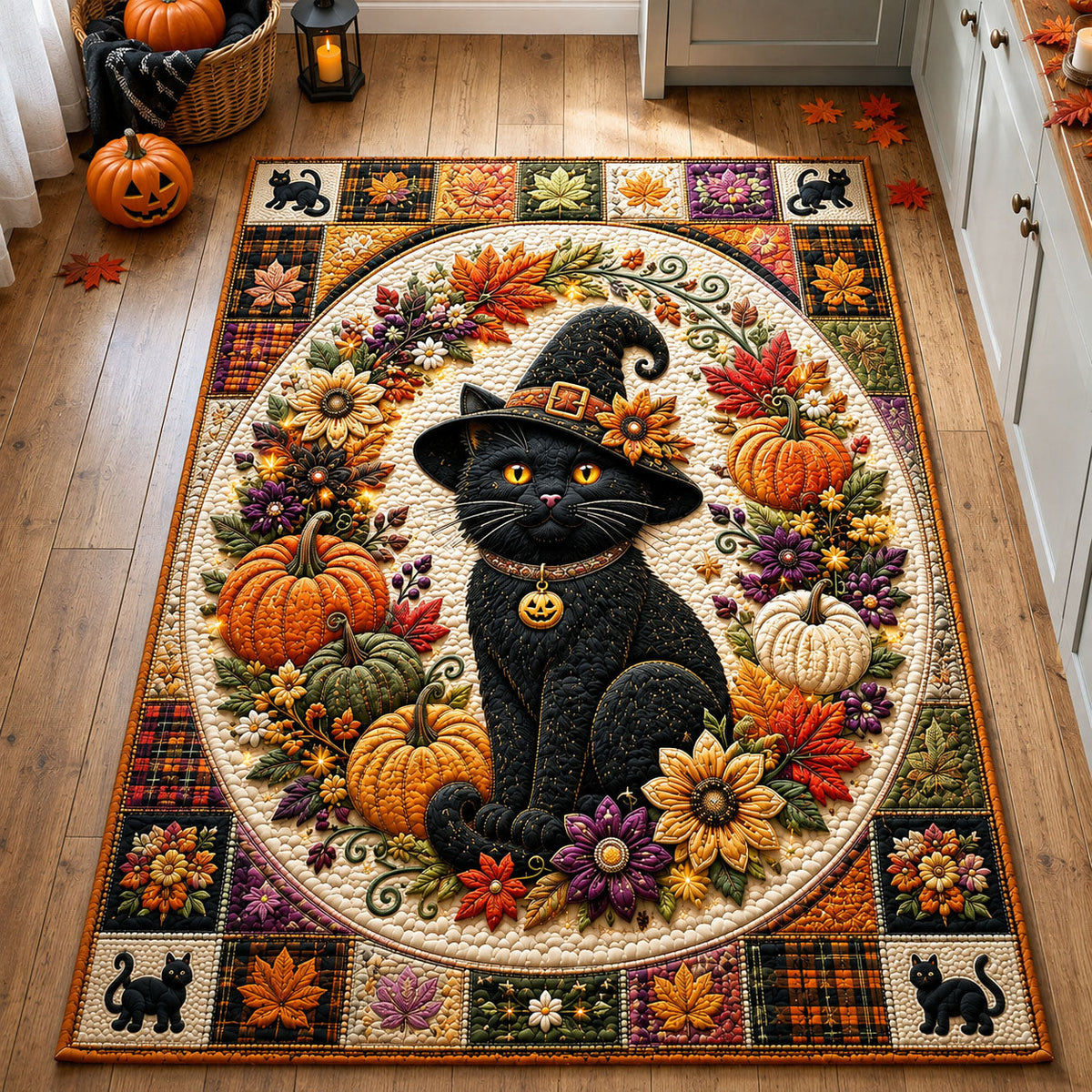 Black Cat Autumn Wreath area rug in a living room