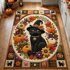 Black Cat Autumn Wreath area rug in a living room