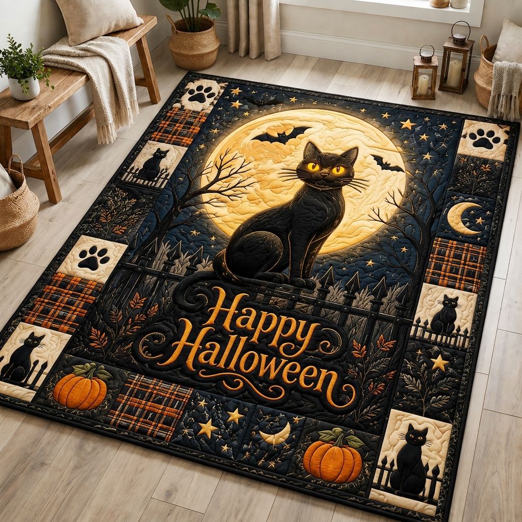 Black Cat Boo area rug in a living room