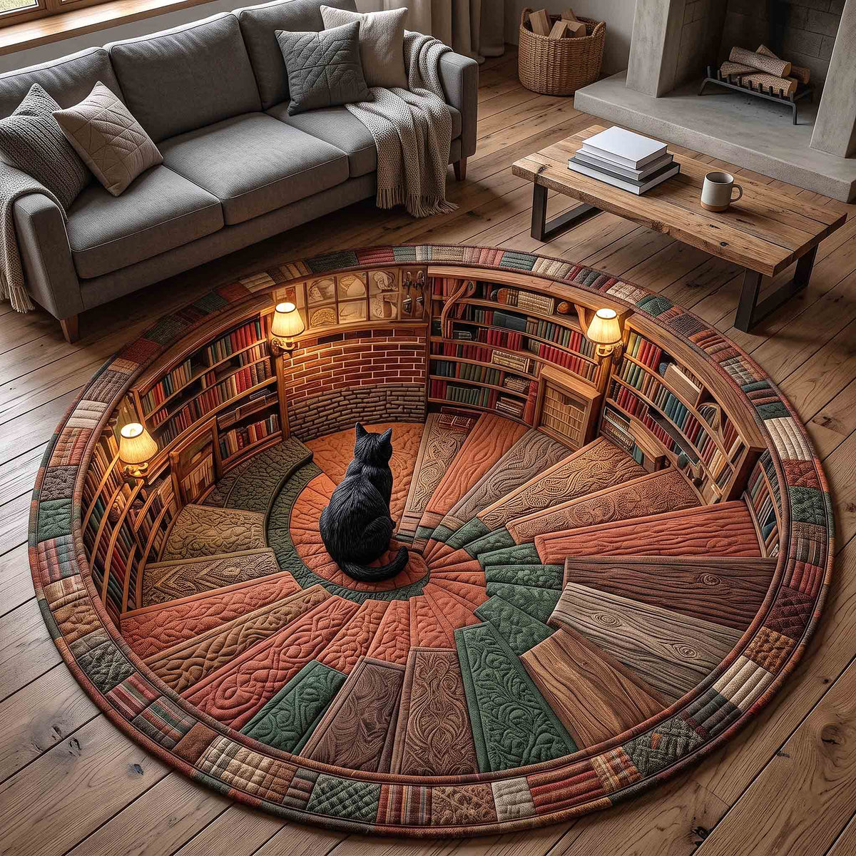 Black Cat Book Nook Round Mat Rug - Cute Animal Design | Charming Home Decor - washable non-slip printed rug