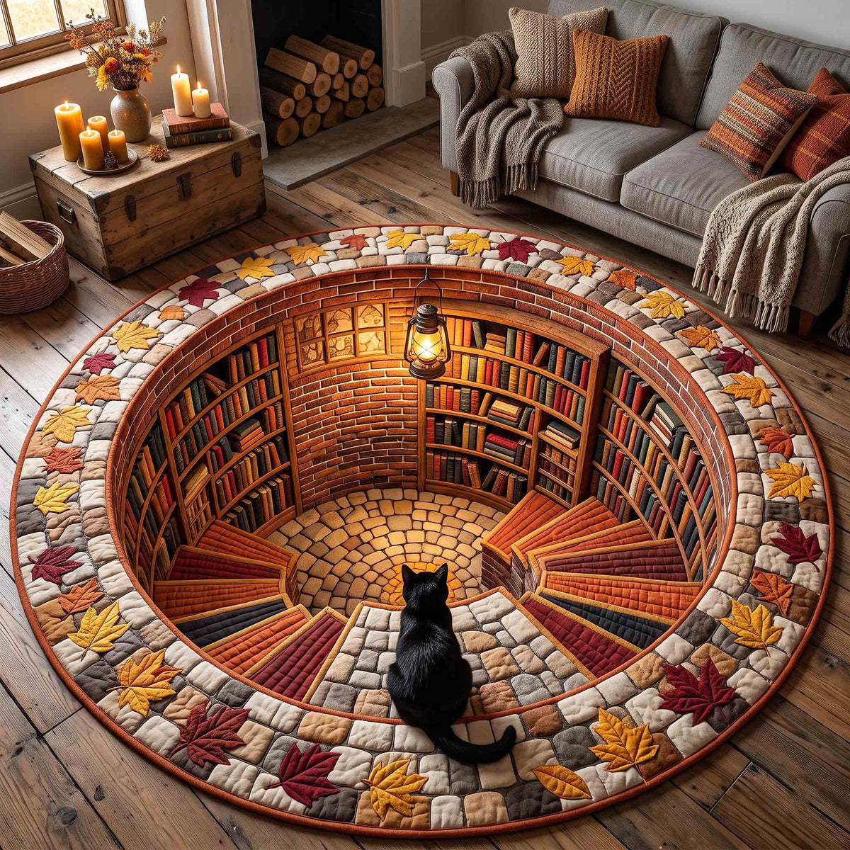 Black Cat Book Nook Round Mat Rug - Cute Animal Design | Cute Animal Round Area Rug - washable non-slip printed rug