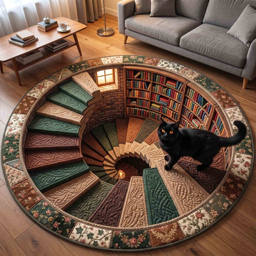 Black Cat Book Nook Round Mat Rug - Cute Animal Design | Cute Animal Round Carpet