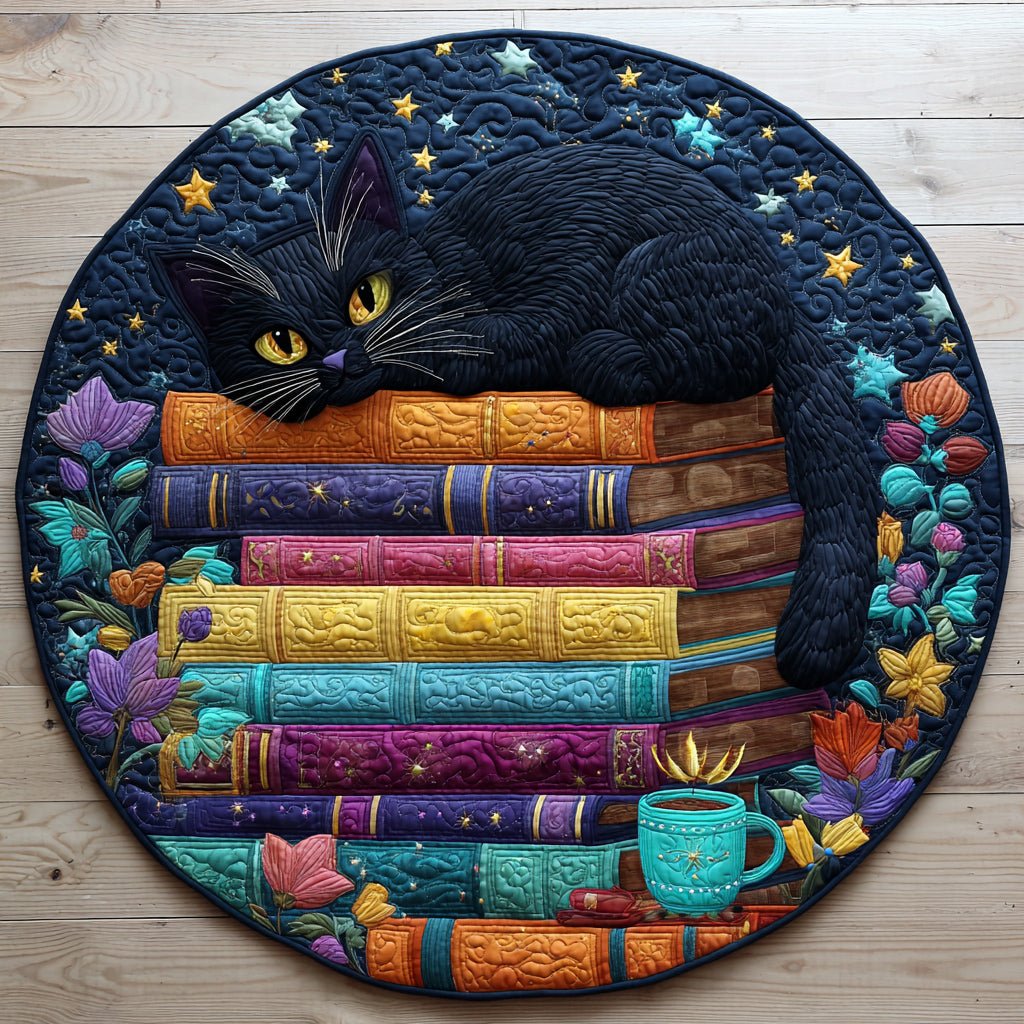 Black Cat Book Stacks Round Mat Rug - washable non-slip printed rug