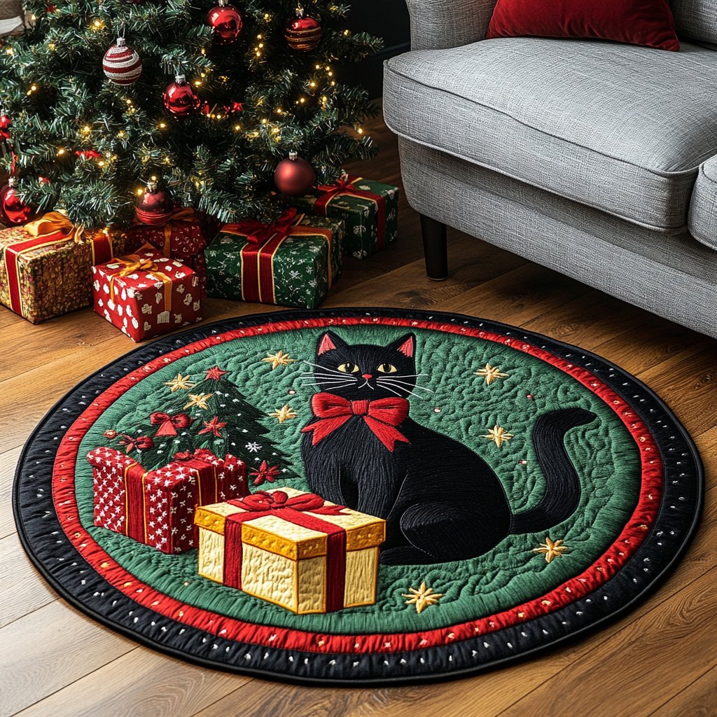 Black Cat Charm Round Mat Rug - washable non-slip printed rug
