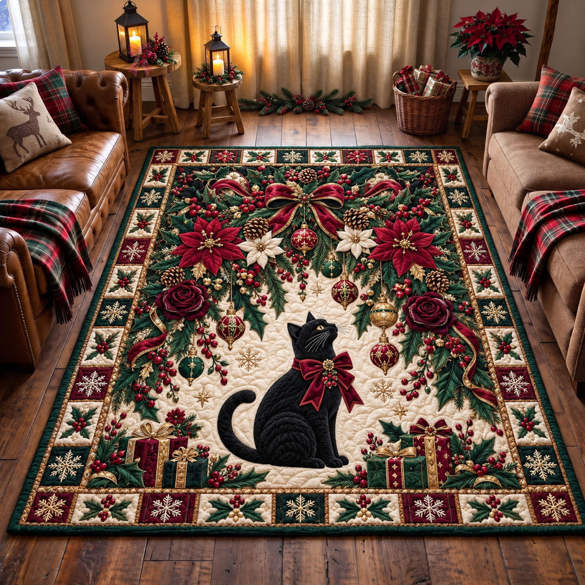 Black Cat Christmas area rug in a living room