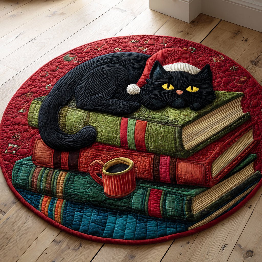Black Cat Cozy Book Round Mat Rug - washable non-slip printed rug
