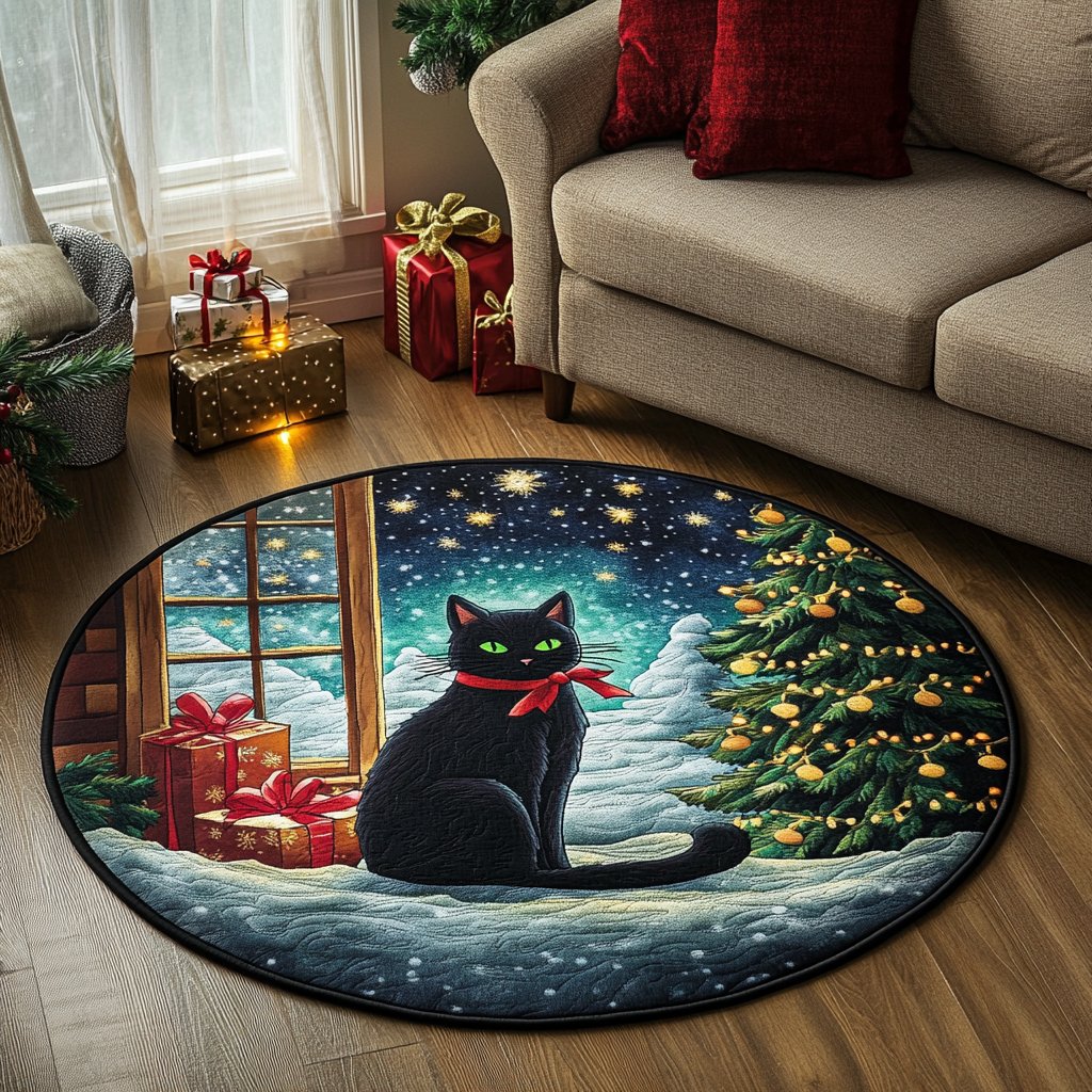 Black Cat Gift Round Mat Rug - washable non-slip printed rug