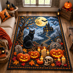 Black Cat Halloween area rug in a living room