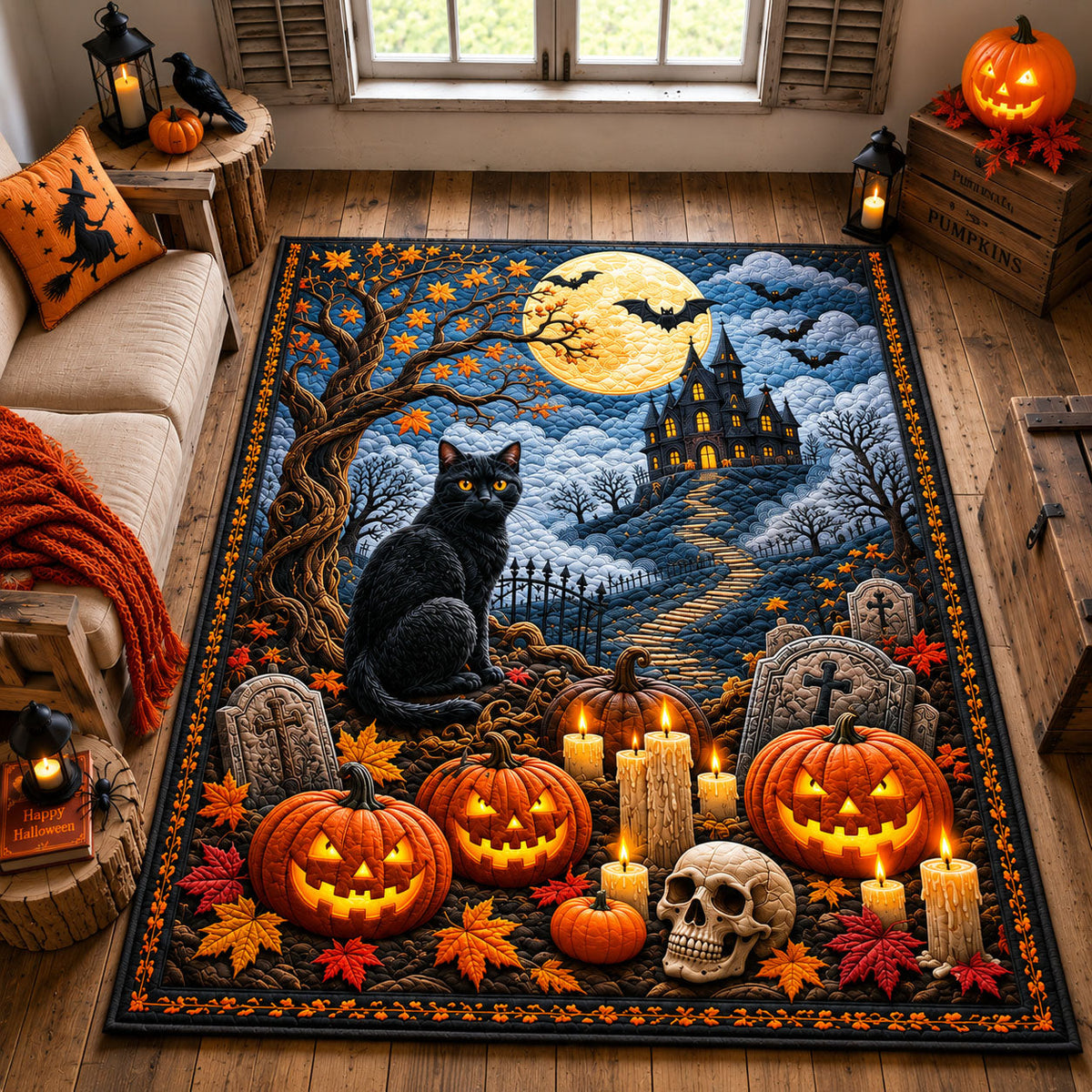 Black Cat Halloween area rug in a living room