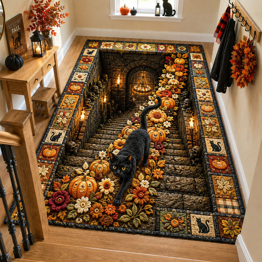 Black Cat Halloween Path area rug in a living room