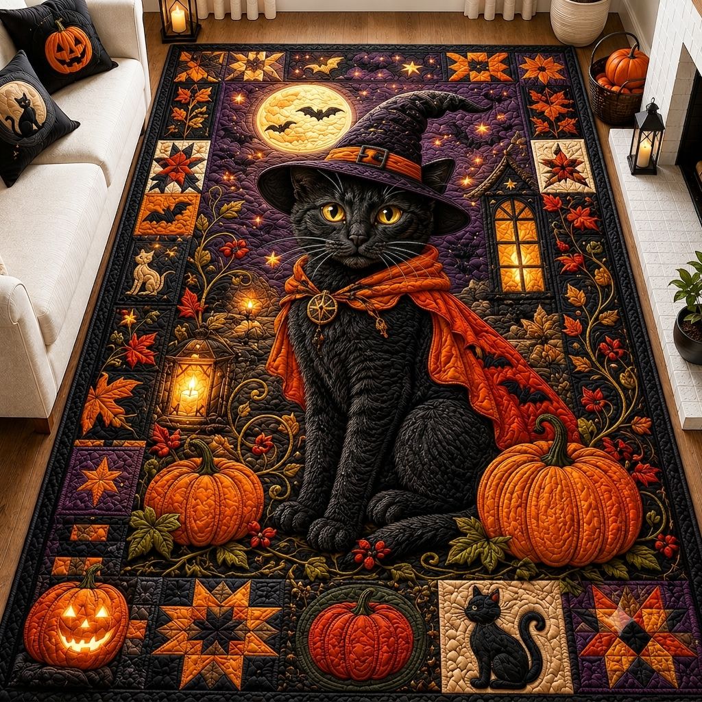 Black Cat Haunt area rug in a living room