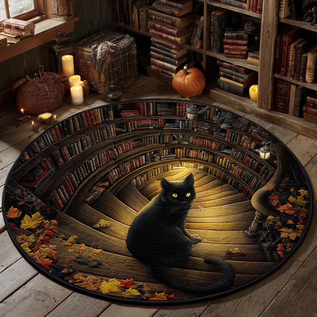Black Cat Library Round Mat Rug - washable non-slip printed rug