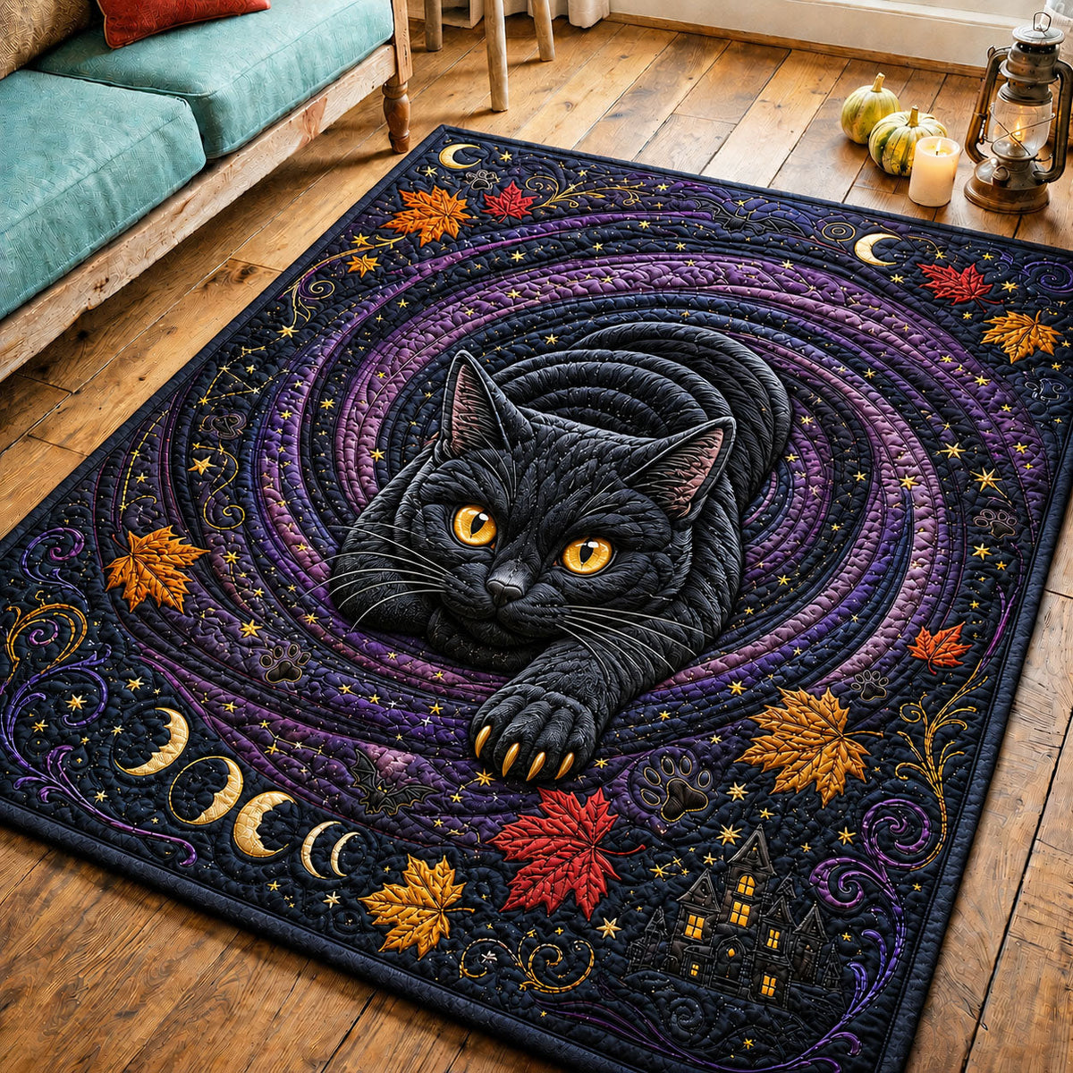 Black Cat Magic Hole area rug in a living room