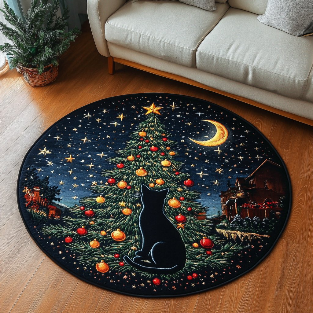 Black Cat Magic Round Mat Rug - Cute Pet Design | Animal Printed Home Decor