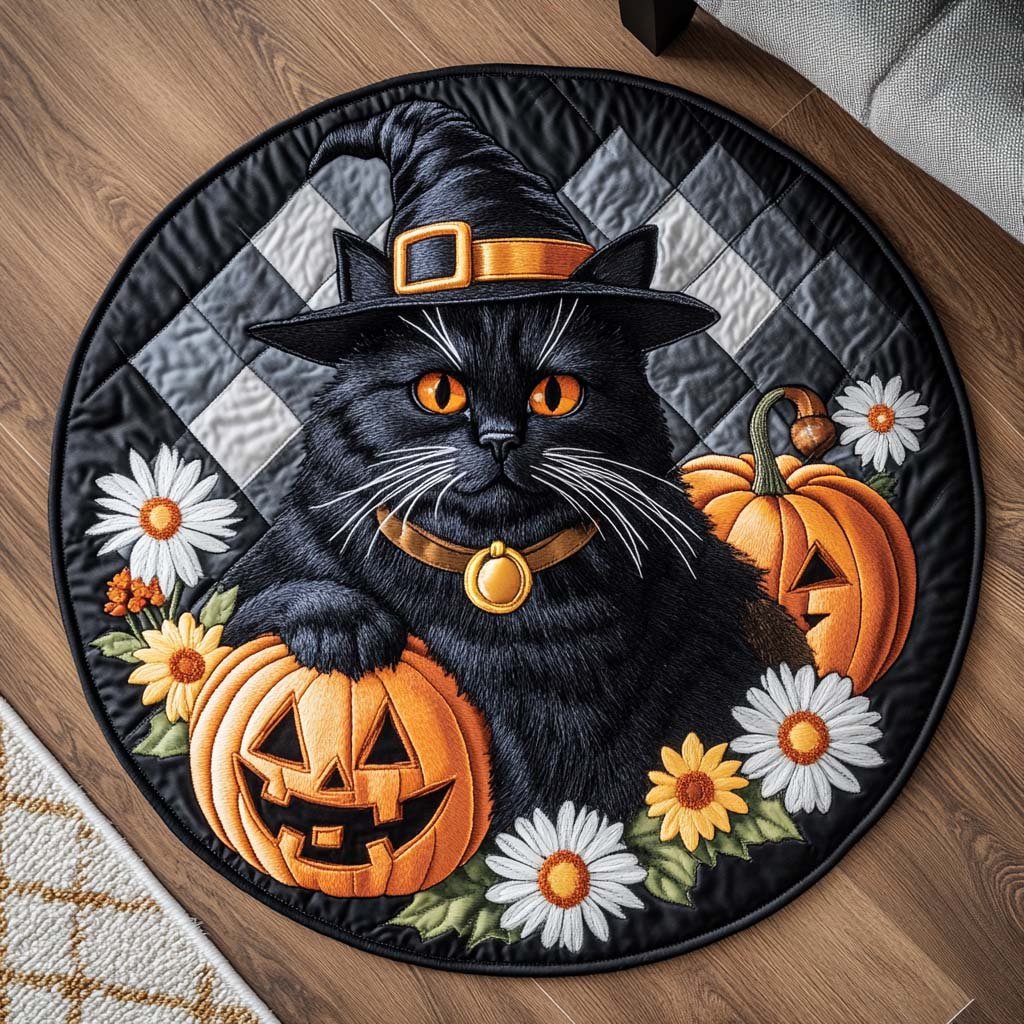 Black Cat Magic Round Mat Rug - washable non-slip printed rug