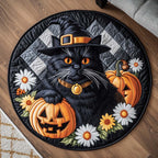 Black Cat Magic Round Mat Rug - washable non-slip printed rug
