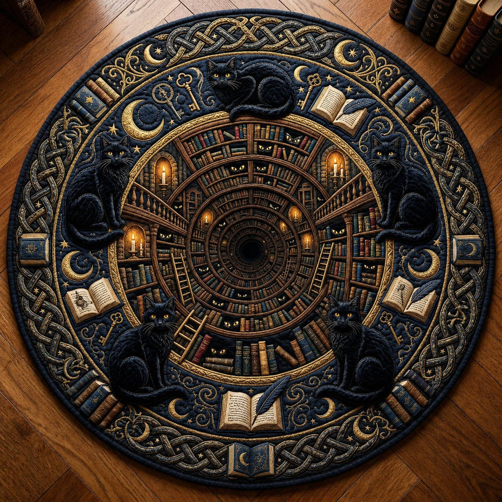 Black Cat Magical Library Round Mat Rug - Cute Pet Design | Animal Printed Home Decor