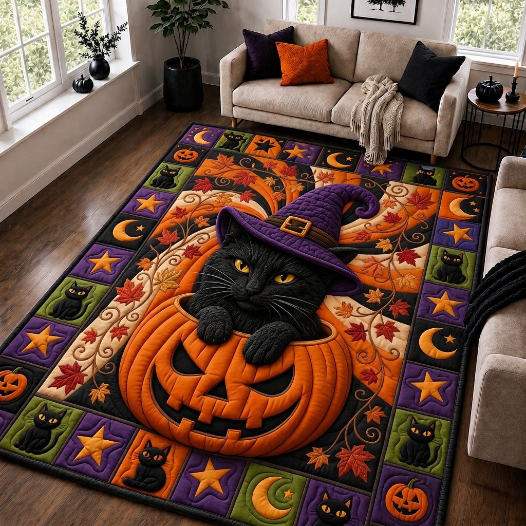 Black Cat Moon area rug in a living room