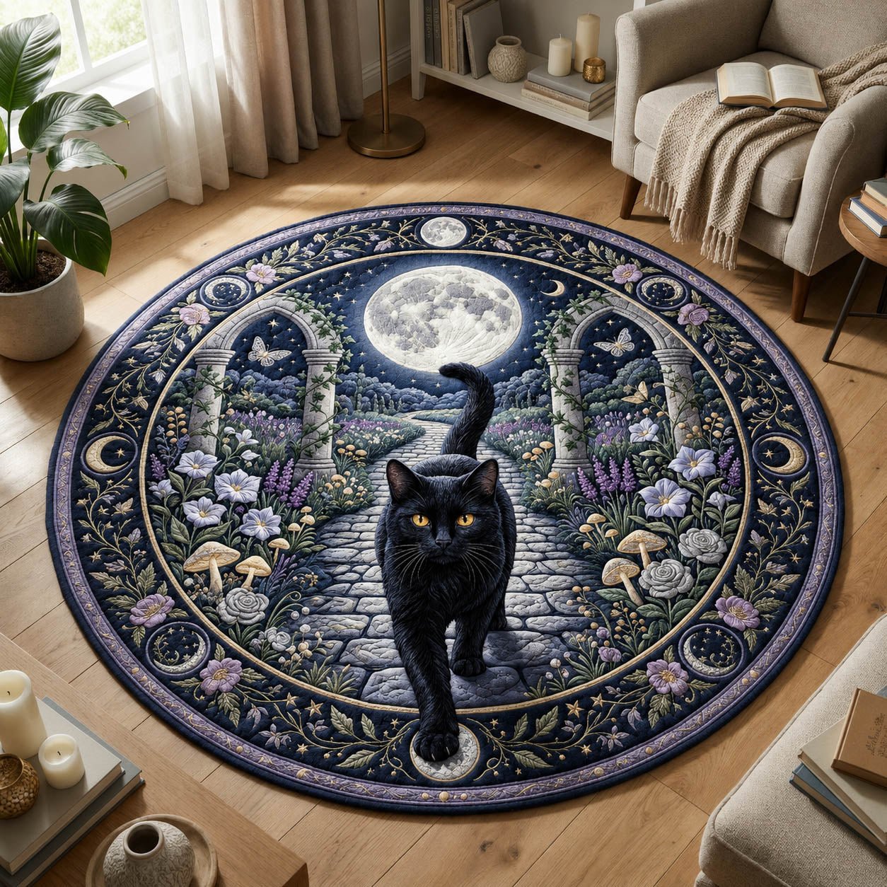 Black Cat Moon Garden Round Mat Rug - Cute Pet Design | Animal Printed Home Decor