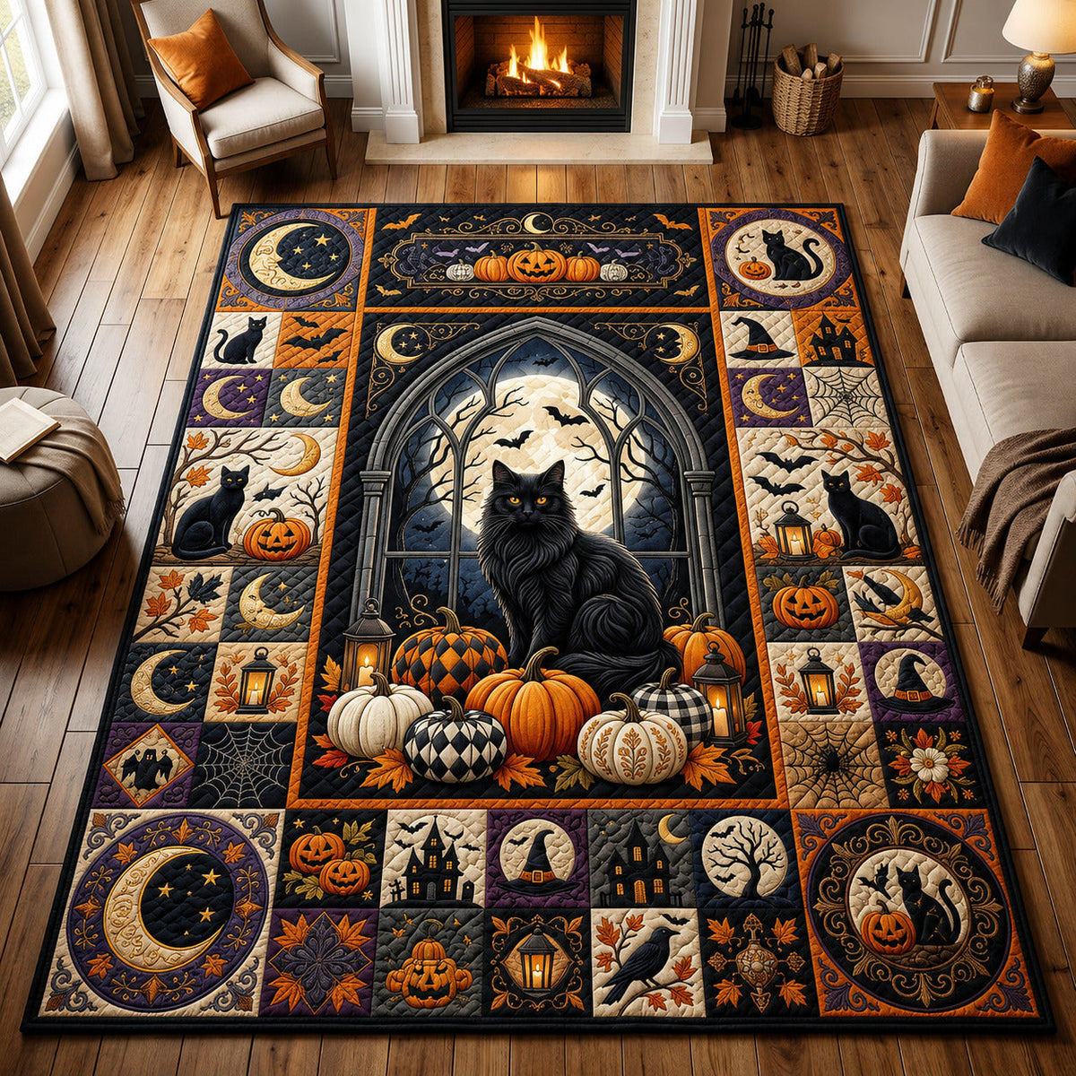 Black Cat Moonlight area rug in a living room