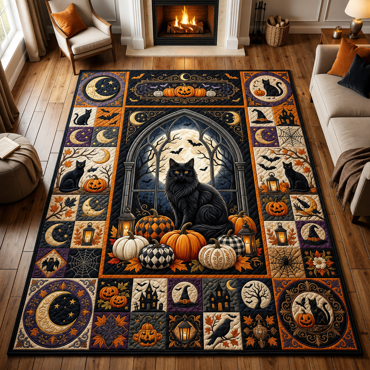 Black Cat Moonlight area rug in a living room
