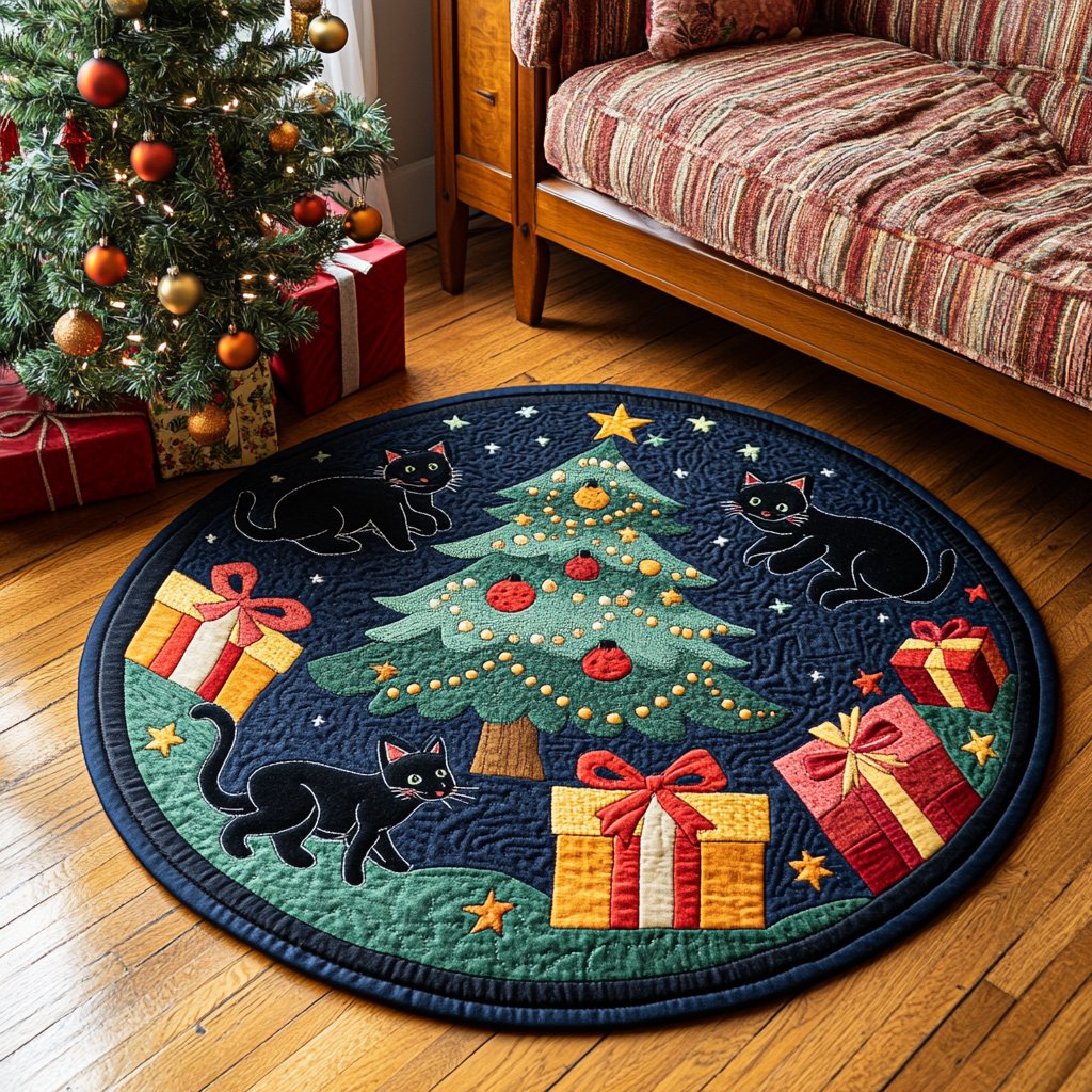 Black Cat Night Round Mat Rug - washable non-slip printed rug