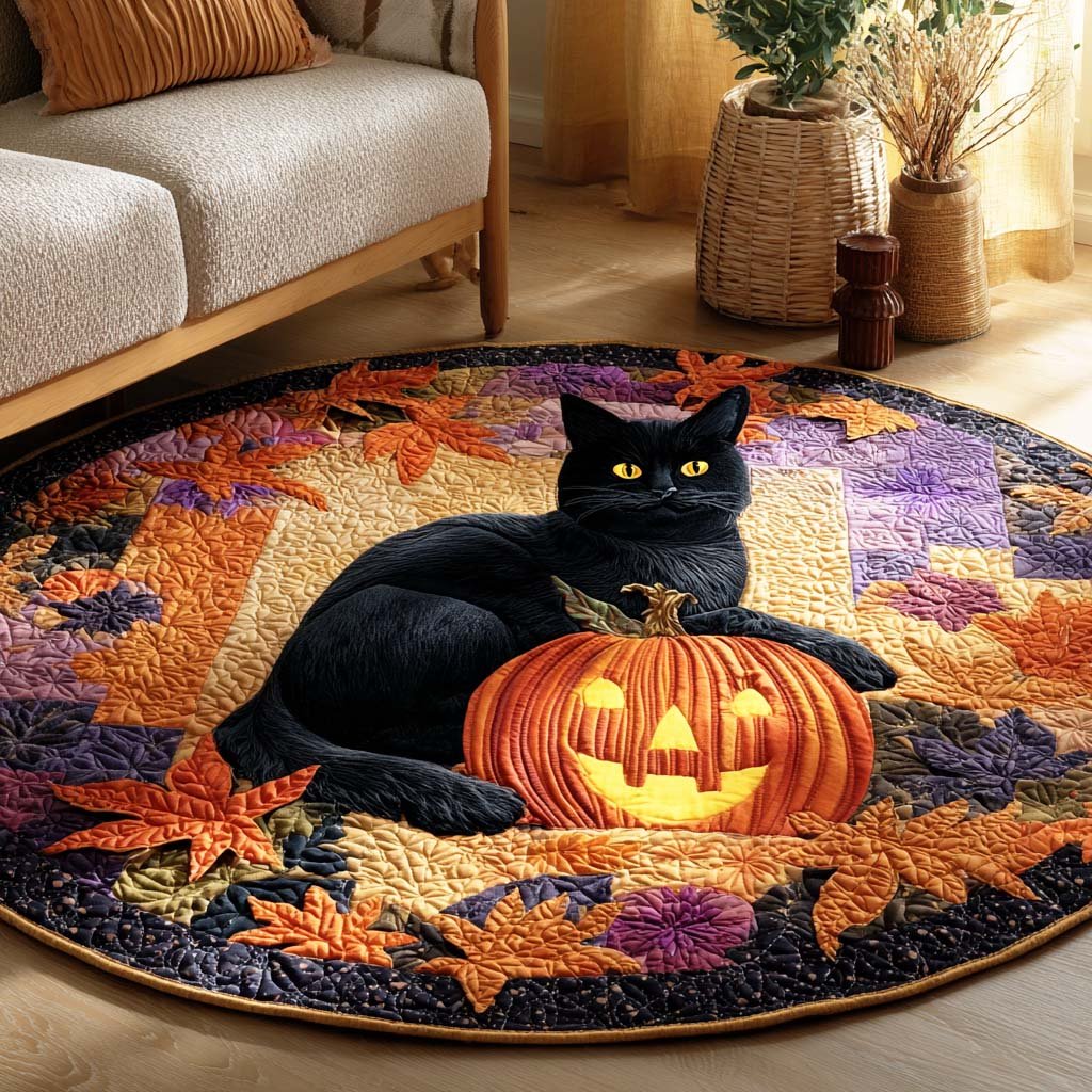 Black Cat Night Round Mat Rug - Cute Pet Design | Animal Printed Home Decor