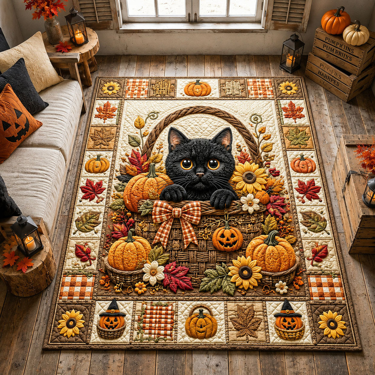 Black Cat Pumpkin Basket area rug in a living room