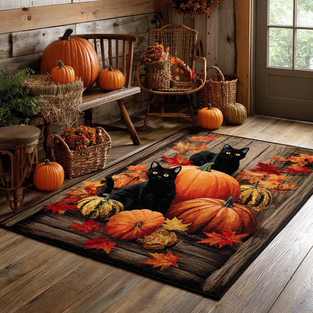 Black Cat Pumpkins area rug in a living room