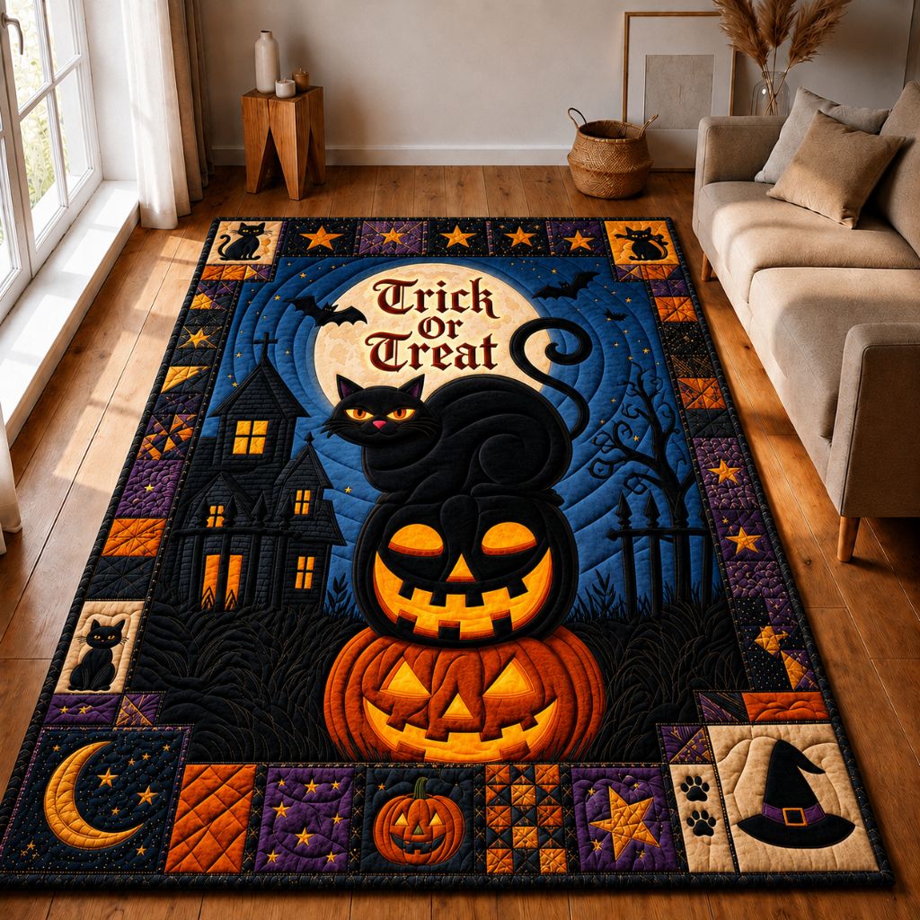 Black Cat Spooky area rug in a living room
